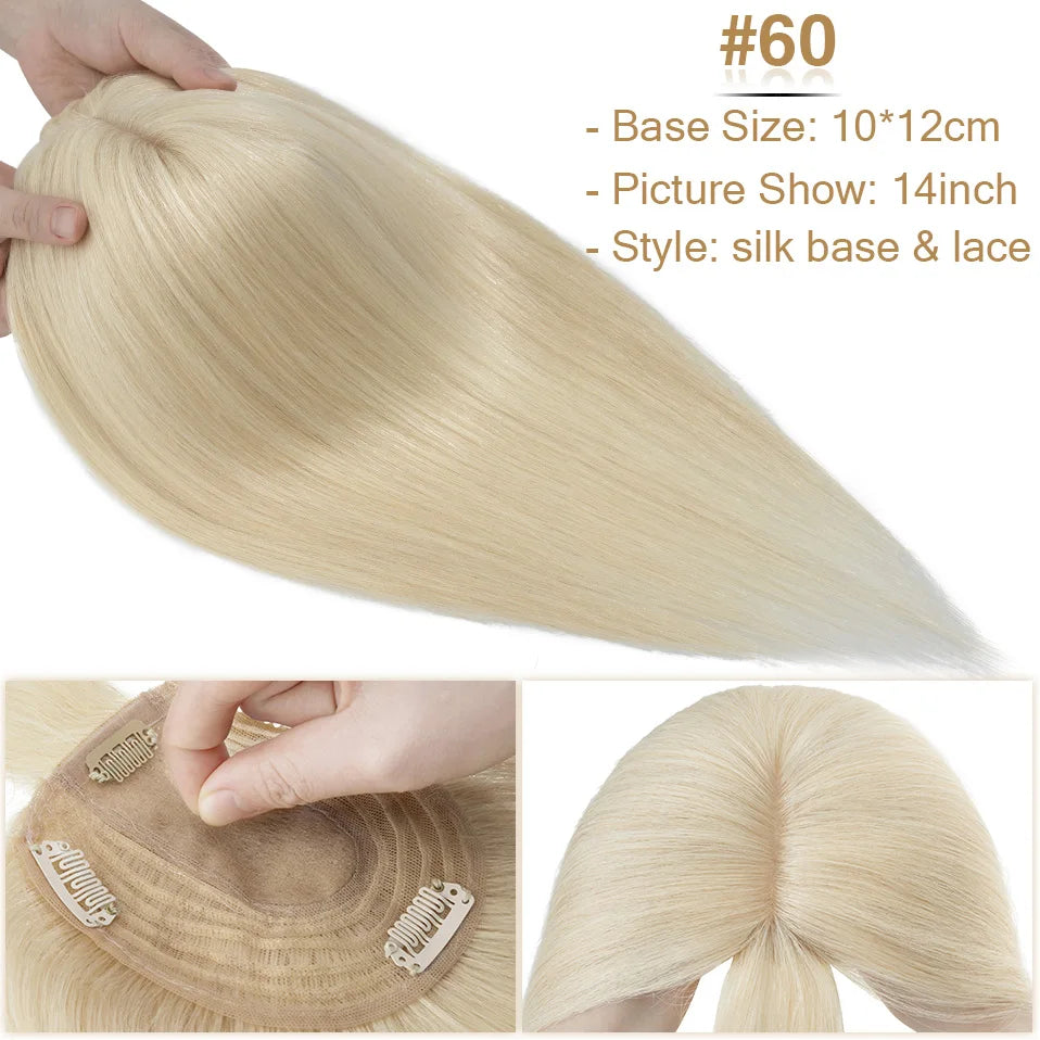 S-noilite Natural Hair Topper Wig for Women 10x12cm with Silk Base 3.5x9cm Human Hair Piece with Bangs Hair Clip Included