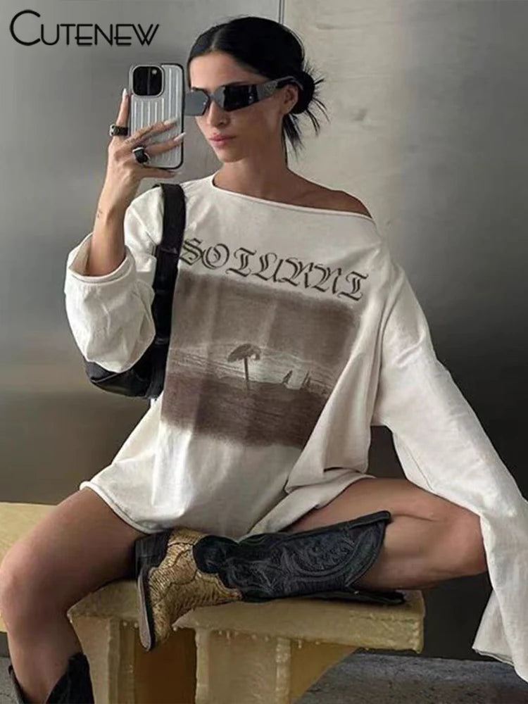 Cutenew Printed Fashion Women T-shirts Autumn New Slash Neck Full Sleeve Oversized Classic Basic Tops Female Street Casual Tees