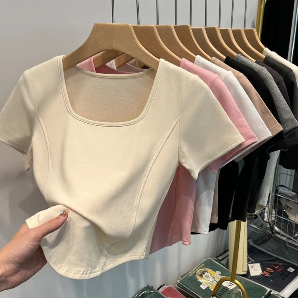 Fashion Summer Square Neck T-shirt Sweet Simplicity Slim Top Casual Trendy Short Top Female