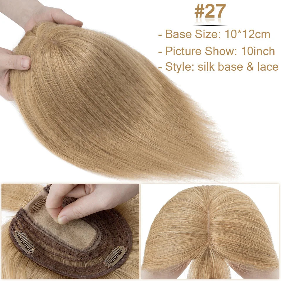 S-noilite Natural Hair Topper Wig for Women 10x12cm with Silk Base 3.5x9cm Human Hair Piece with Bangs Hair Clip Included