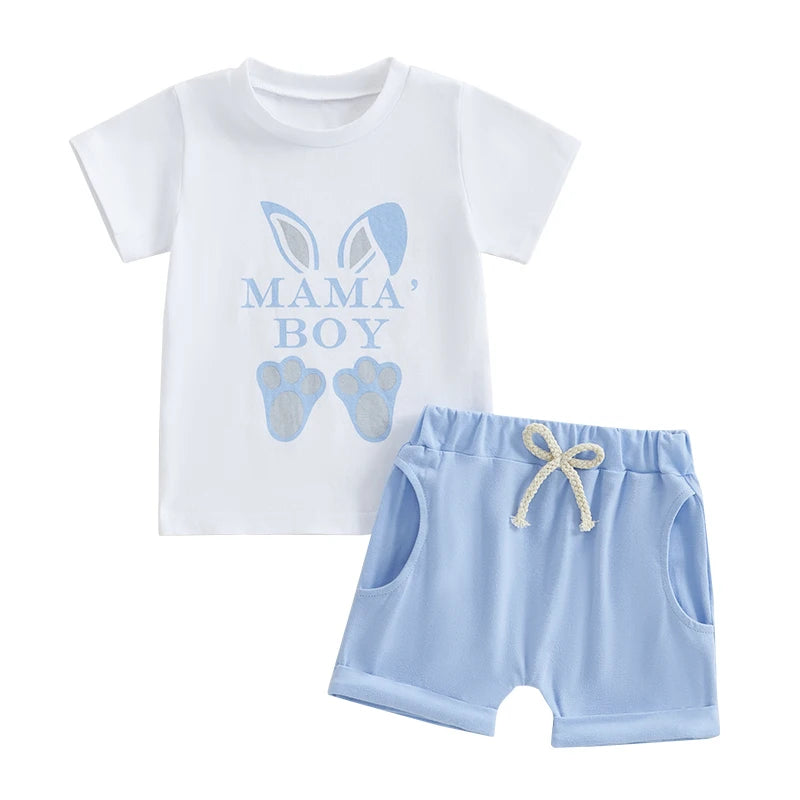 Easter Bunny Romper Set with Rabbit Print Short Sleeve Round Neck Bodysuit and Elastic Waistband Shorts for Infant Boys and