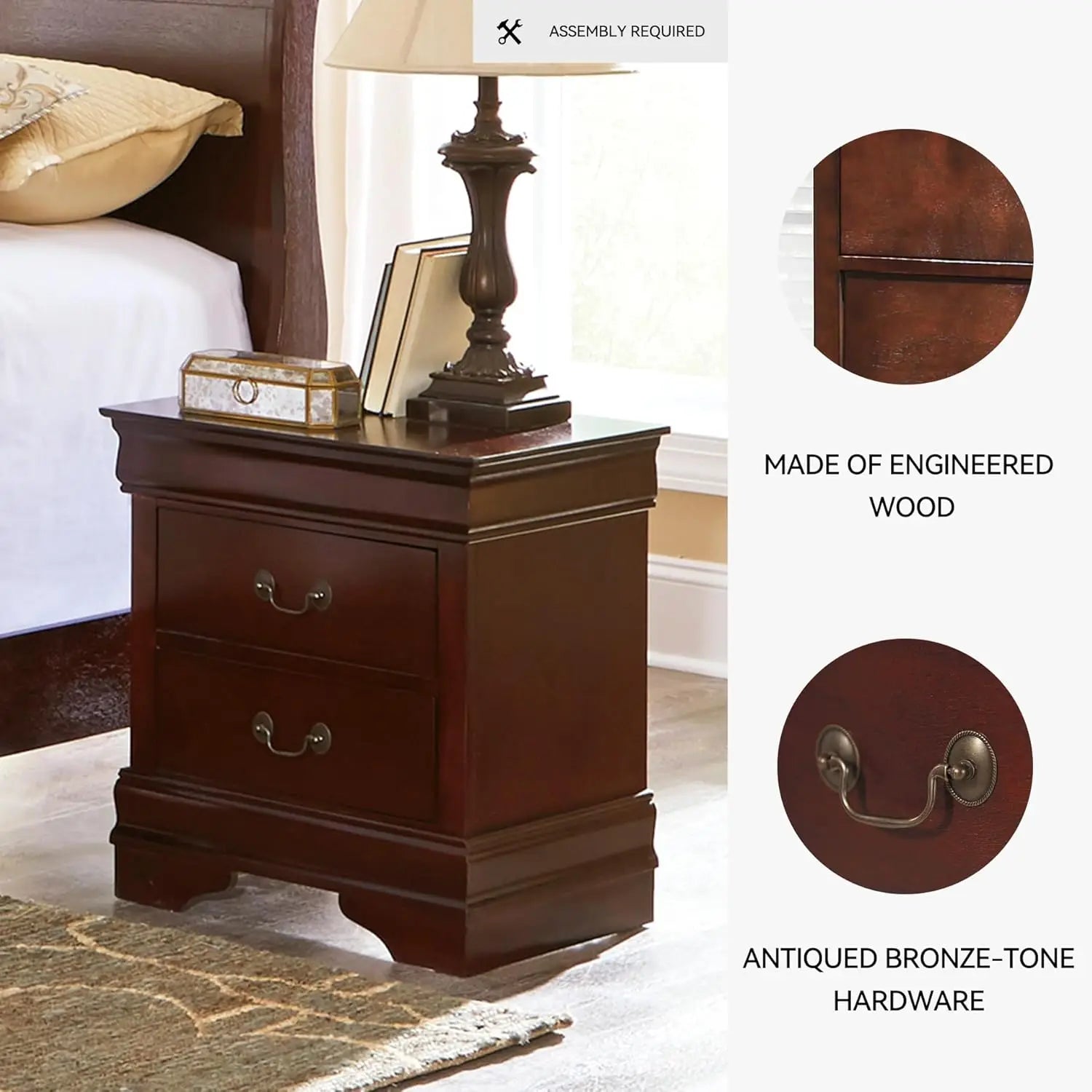 Signature Design by Ashley Alisdair Traditional 2 Drawer Dark Brown Nightstand 23.75 Tall Ideal for Bedside Storage