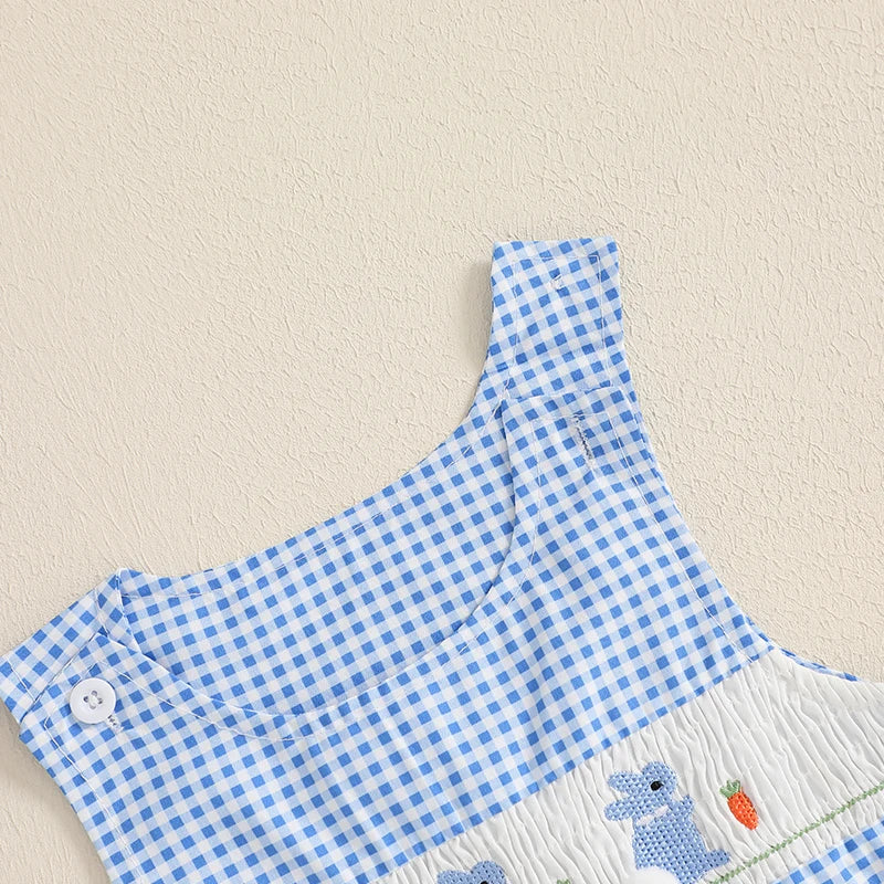 Adorable Toddler Girls Easter Outfits Bunny Print Sleeveless Rompers Plaid Overalls Jumpsuits with Carrot Embroidery