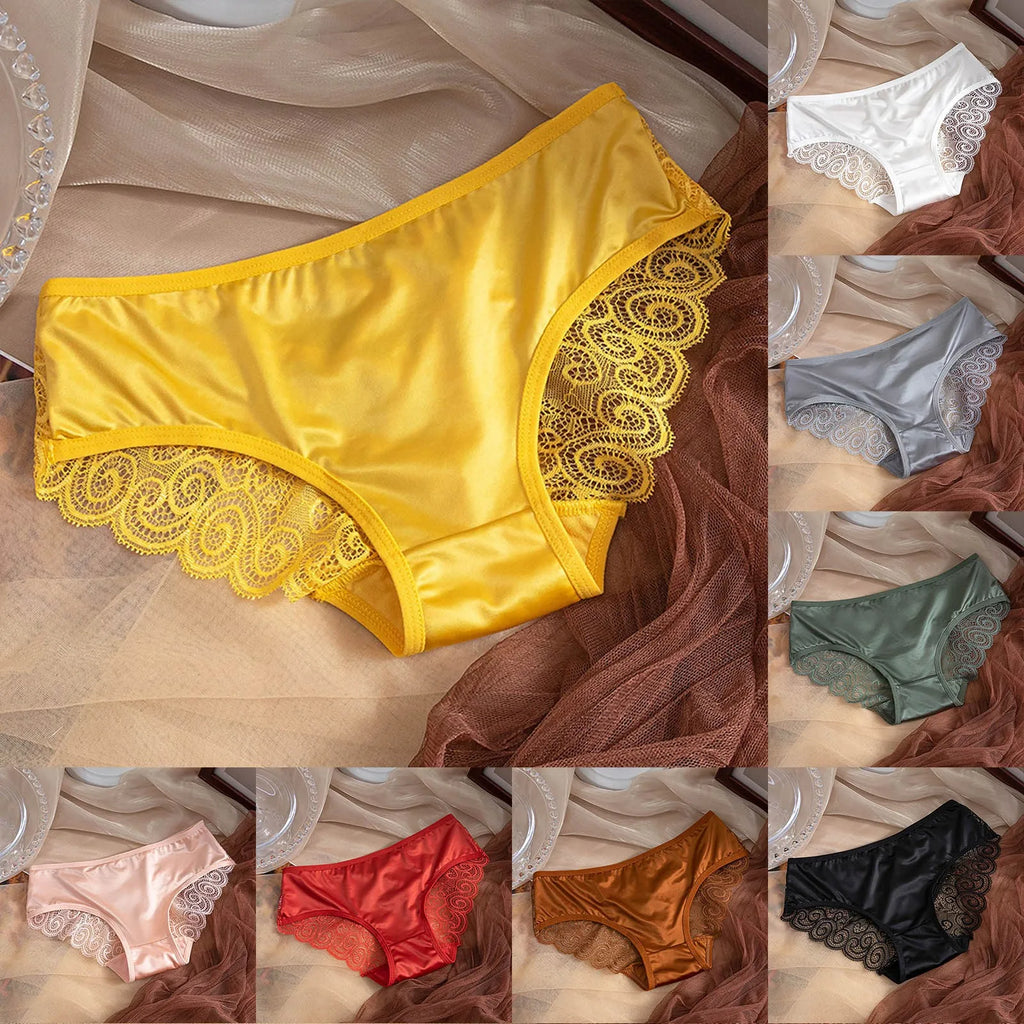 Yellow Women's Panties Silk Satin Underwear Lace Sexy Lingerie Breathable Mid Waist Female Briefs Comfortable Panty Underpants