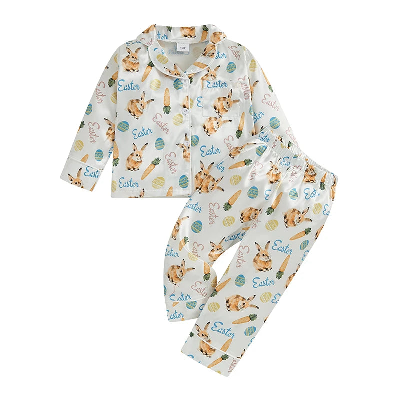 Children s Easter Pajama Set Adorable Bunny and Carrot Print Pajamas with Long Sleeve Top and Matching Pants for Boys