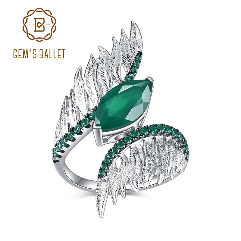 GEM'S BALLET Indian Style 925 Sterling Silver Female Rings For Women Green Agate Feather Finger Ring Sterling Silver Jewelry