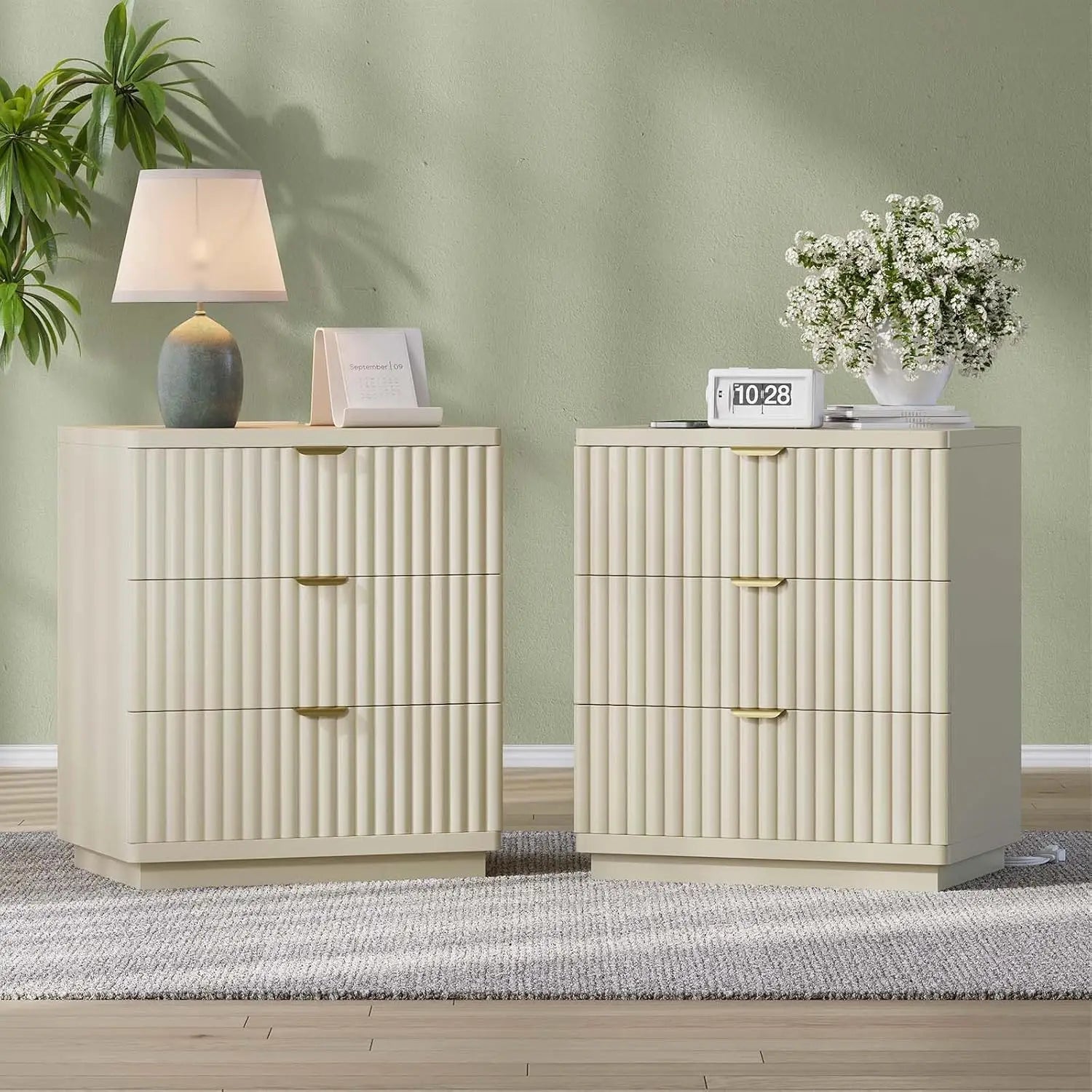 Nightstands Set of 2, Fluted Nightstand with Charging Station and 3 Drawer Storage, Large Modern Bedside Table,, Customized