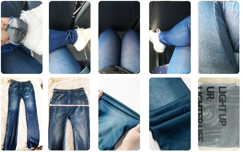 Push Up Seamless High Waist Faux Denim Leggings Women Casual Elastic Pocket Jeans Print Pants Skinny Pencil Leggins Mujer