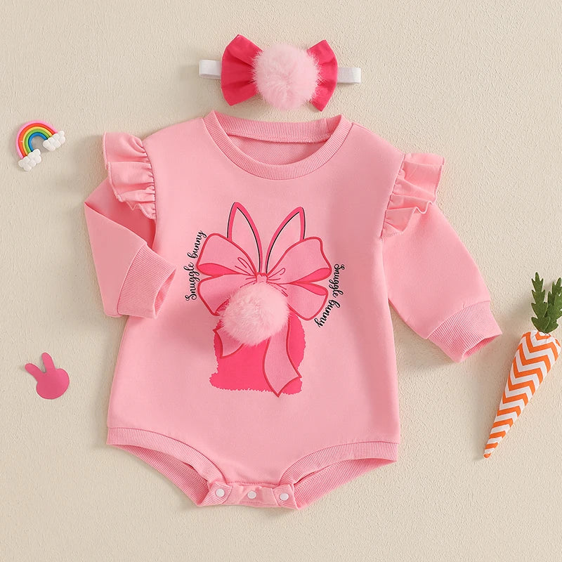 Adorable Toddler Easter Bunny Jumpsuit with Matching Headband - Long Sleeve O Neck Romper for Baby Girls