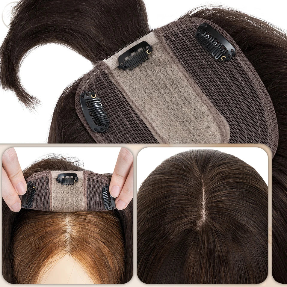 TESS Women Topper 10x12cm Hair Clips Hair Topper Natural Hair Wigs 100% Human Hair Silk Base Clip In Hair Extension Blonde Women