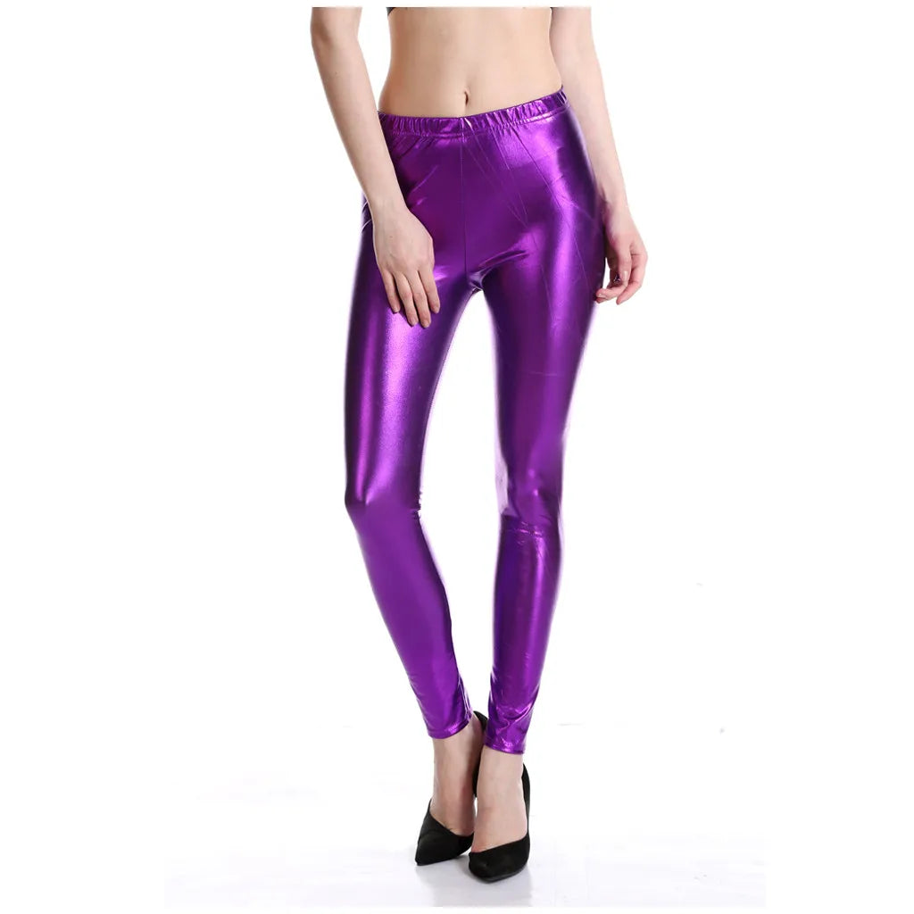 Womens Metallic Color PU Leggings Faux Leather Slim Fit Ladies Legging Dancing Party Pants Sexy Night Club Skinny Tight Trousers