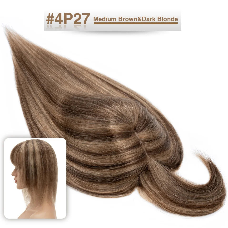 S-noilite Women Toppers Hair With Bangs Human Hair 7x13cm Silk Base Hair Cilp Wig Clip In Hair Extensions Hairpiece Natutal Hair