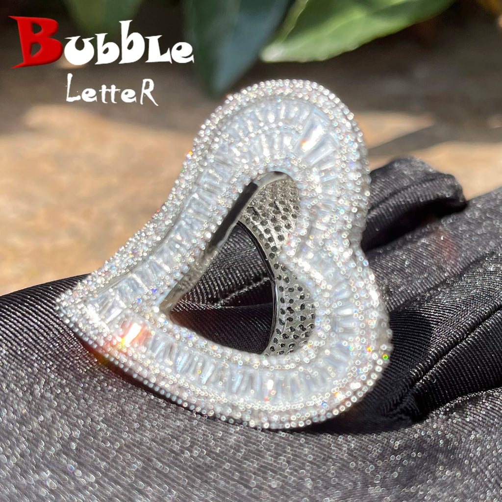 Bubble Letter Big Open Heart Ring for Women Iced Out Finger Charms Bling Baguette Zircon Fashion Hip Hop Jewelry