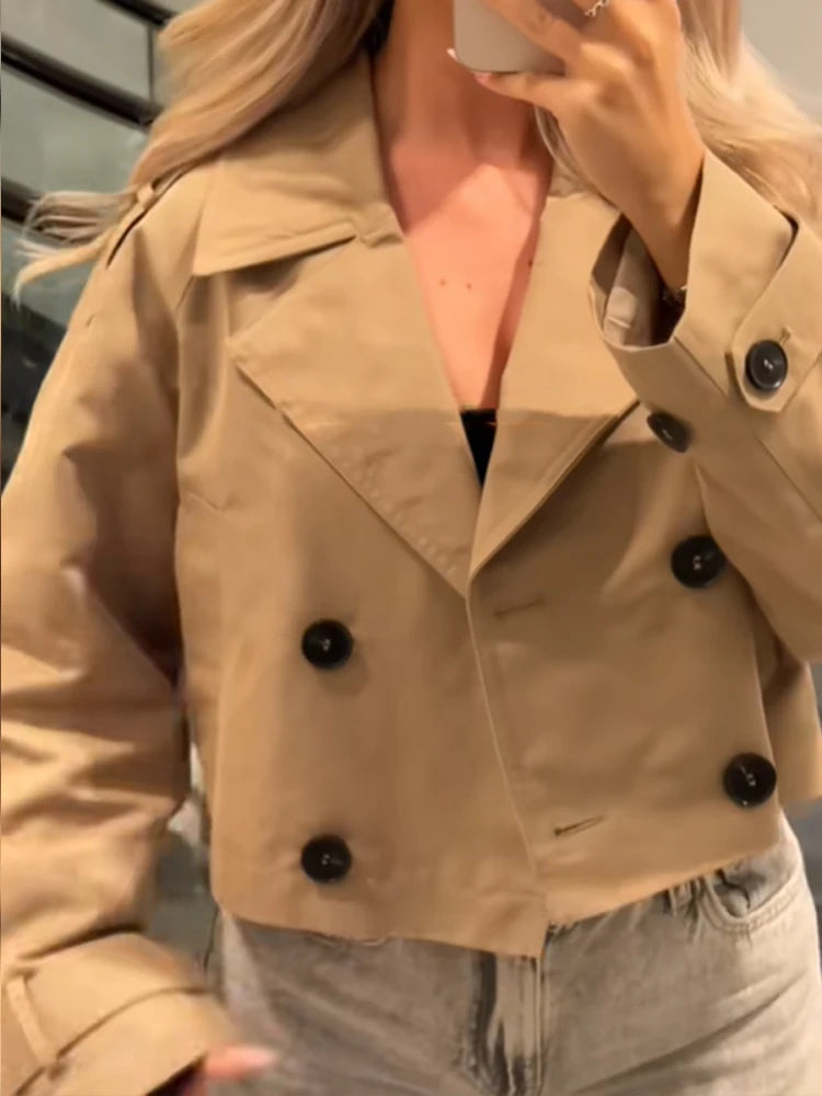 Solid Double-breasted Short Windbreaker Women Fashion Lapel Long Sleeve Slim Thin Jackets 2025 Autumn Female High Street Outwear