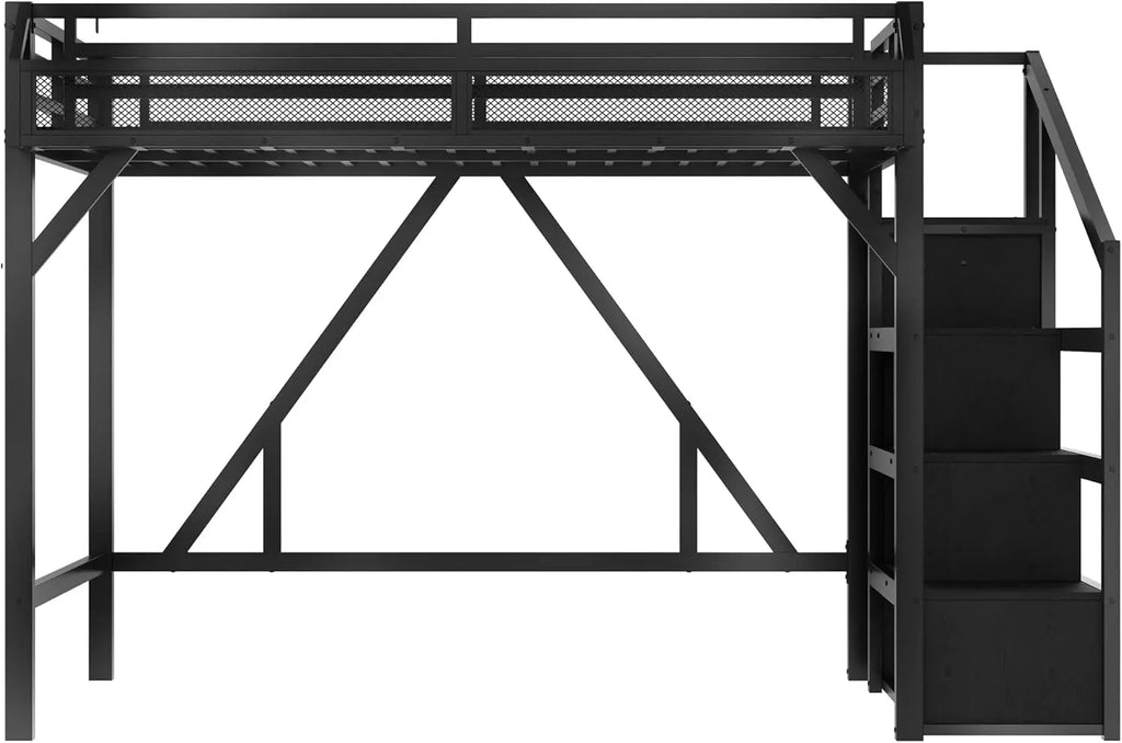 Queen Loft Bed with Storage Stairs, USB Ports & LED Lights - Black Woodgrain Metal Frame
