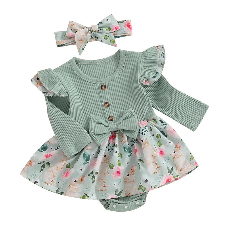 Toddler Easter Dress Short Sleeve Floral Print A-line Romper with Bunny Ear Headband Set for Baby Girls Spring Outfit
