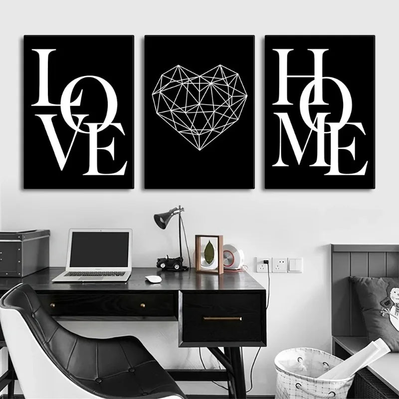 3pcs Love Home Diamond Heart Letter Canvas Prints Nordic Modern Living Room Wall Art Black White Decorative Paintings Home Decor