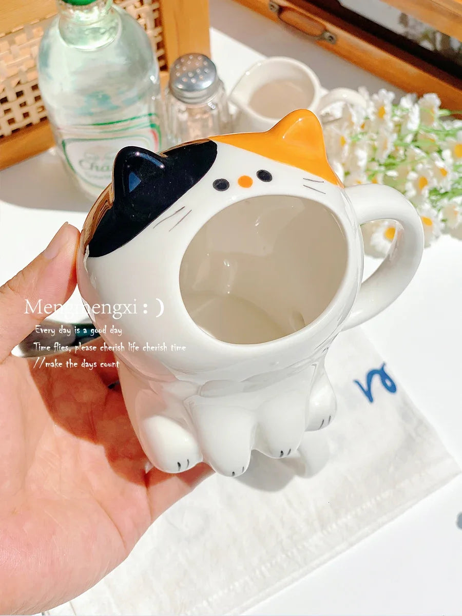 Cute Cat Mug, Cartoon Calico Cat Storage Rack, Desktop Pen Holder, Fun Gift Straw Cup, High-value Breakfast Milk Cup