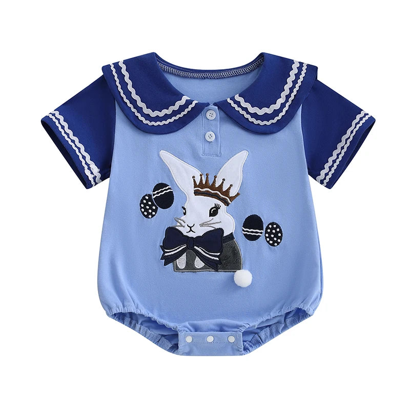 Adorable Infant Easter Jumpsuit with Sweetheart Neckline and Bunny Appliqué Short Sleeve Newborn Sailor Romper Outfit