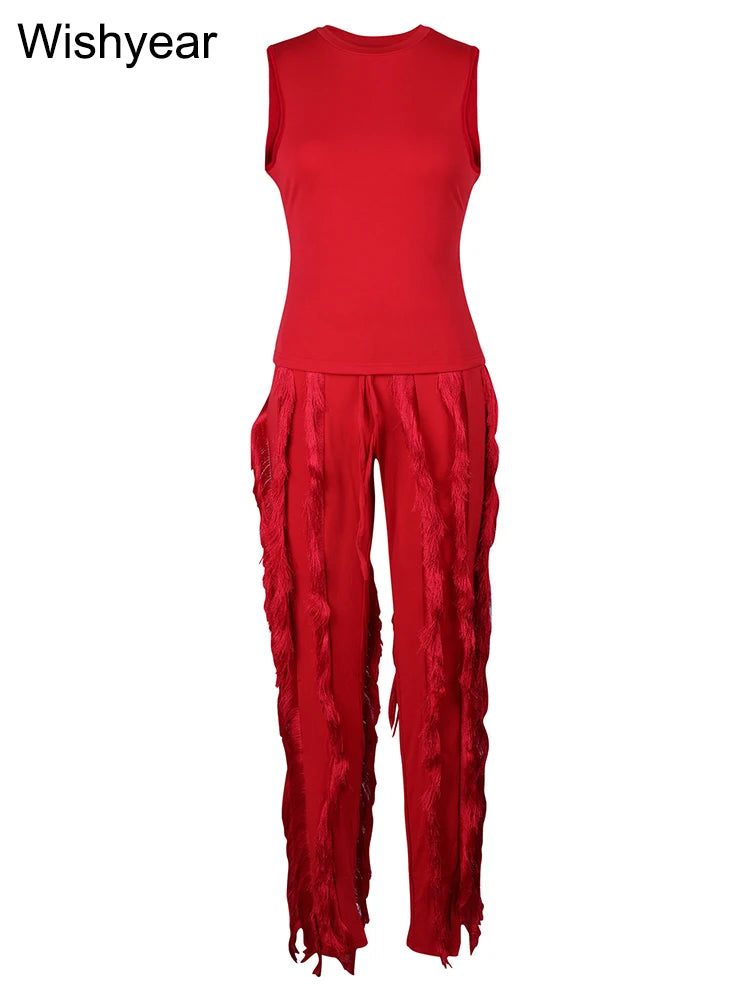 Fashion Sleeveless Top and Drawstring High Waist Fringed Straight Pants Tassel Two Piece Sets Women Streetwear Autumn Tracksuit