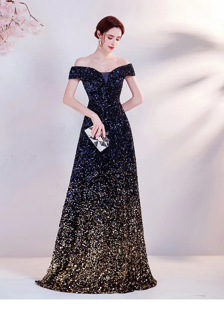 One Shoulder Evening Gown New Gradient Black Annual Party Stage Performance Host Walking Fish Tail Dress for Women 2026