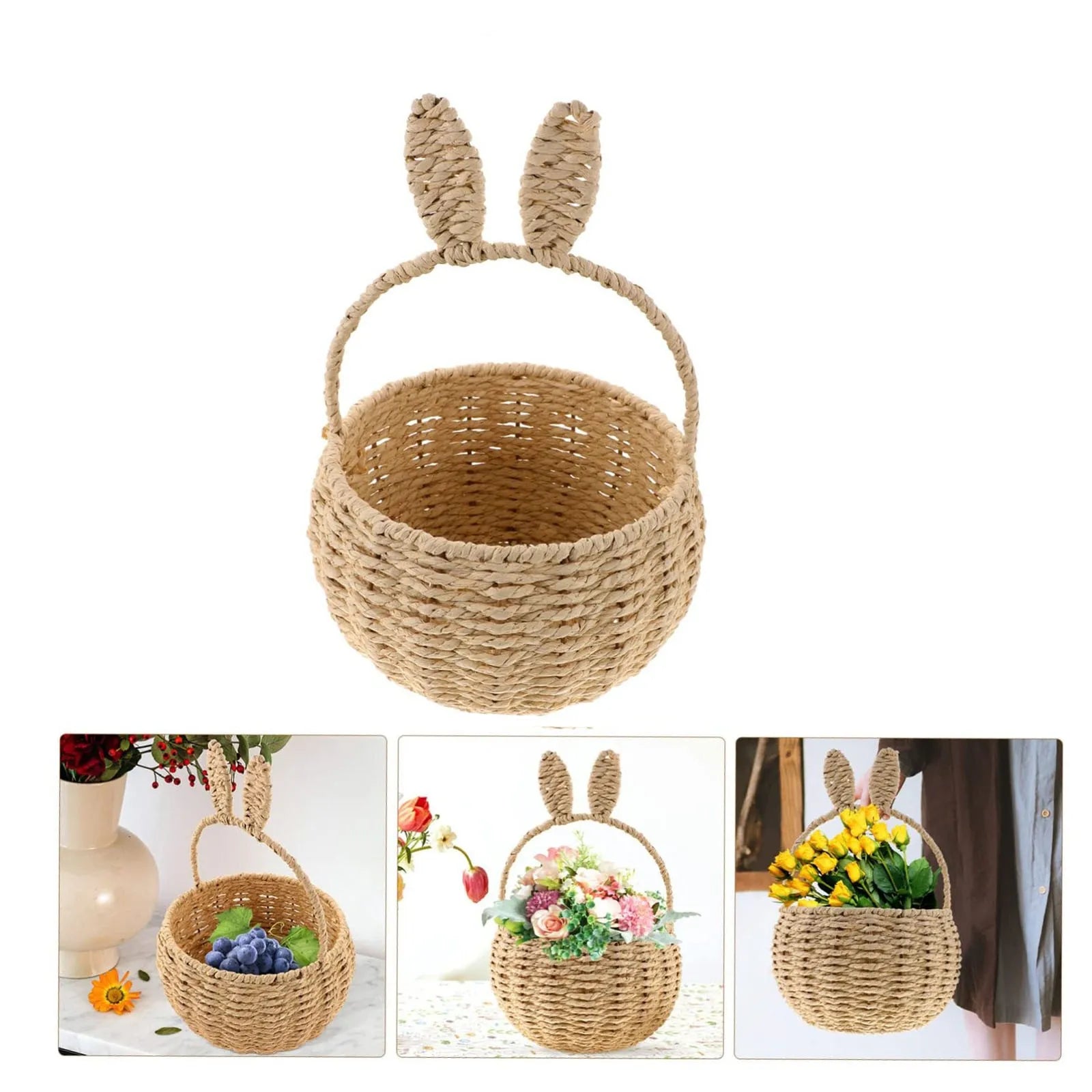 Bunny Rattan Woven Basket Rabbit Ear Storage Box Paper String Handwoven Easter Party Candies Basket Rabbit Picnic Home Room Deco