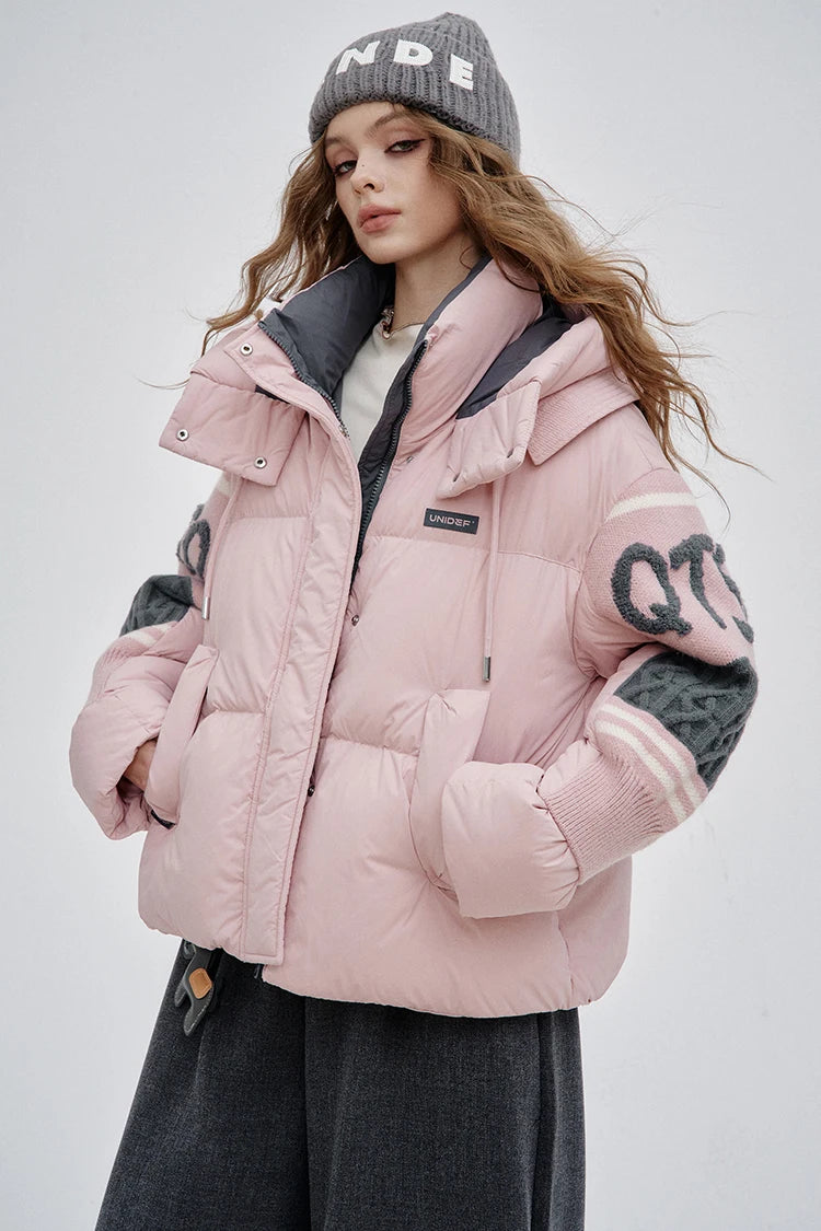 ELFSACK 2025 Winter New Arrivals Casual Preppy Layered Collar Knitted Patchwork Sleeves Mid Length Down Jacket For Woman