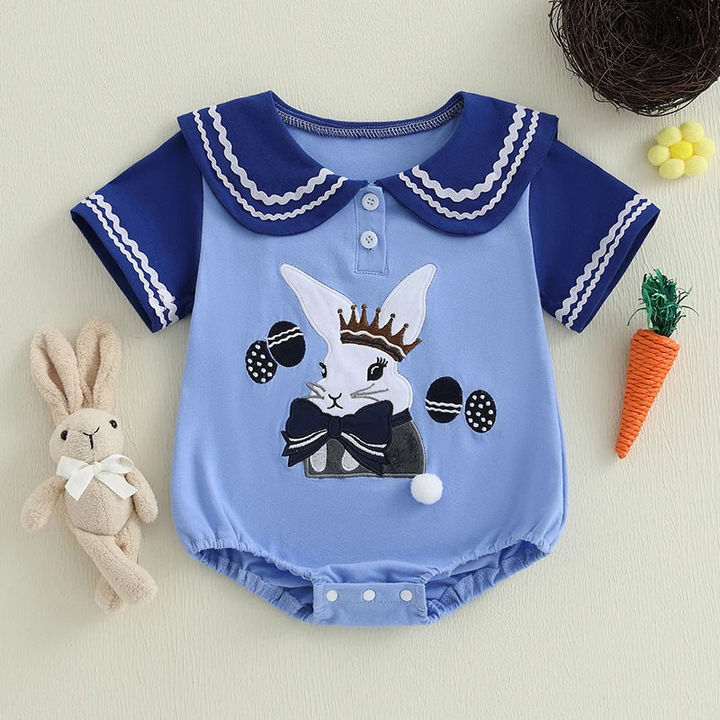 Adorable Infant Easter Jumpsuit with Sweetheart Neckline and Bunny Appliqué Short Sleeve Newborn Sailor Romper Outfit