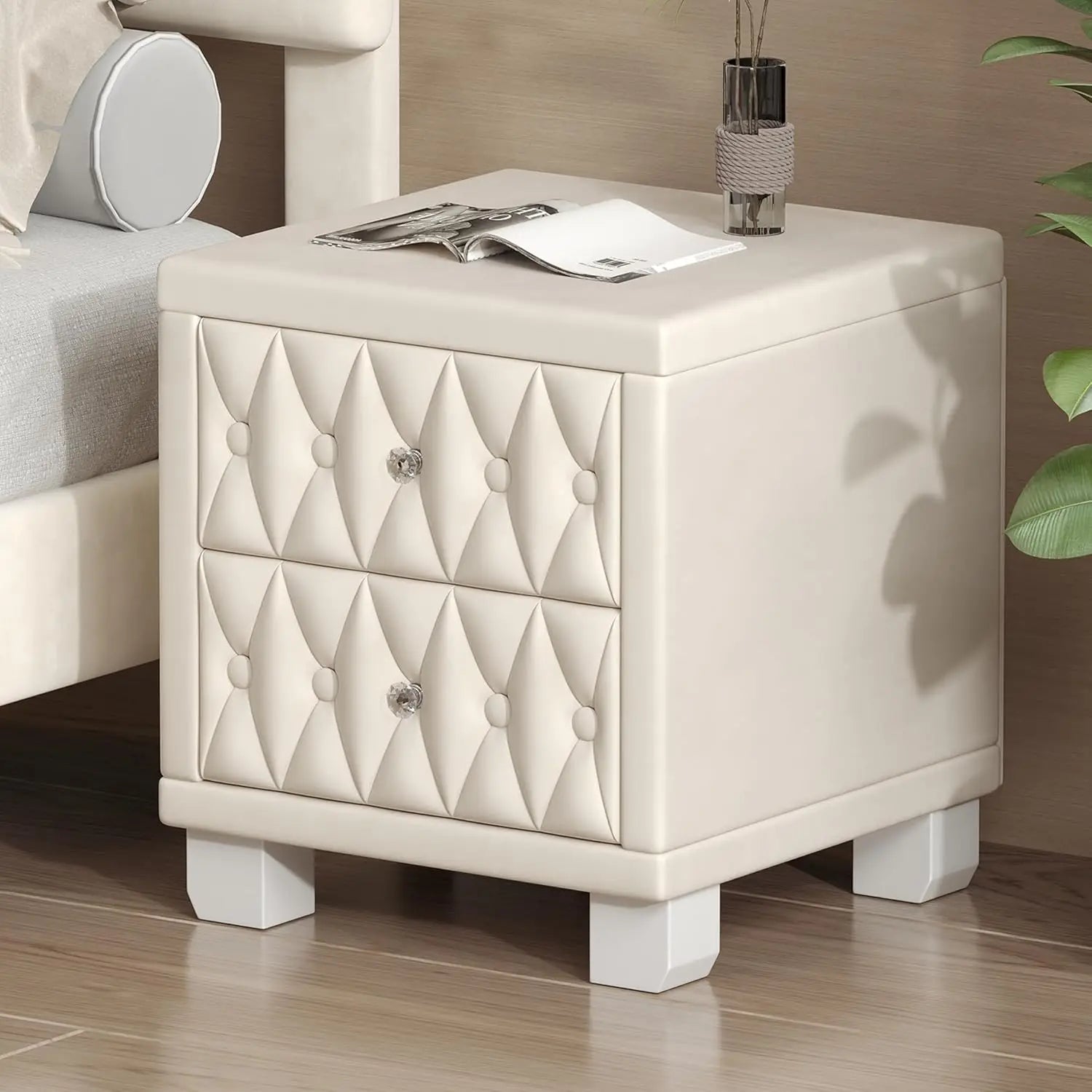 Velvet Nightstand with 2 Drawers, Storage Bedside Table with Button-Tufted and Crystal Handle for Bedroom, Living Room, Apartmen