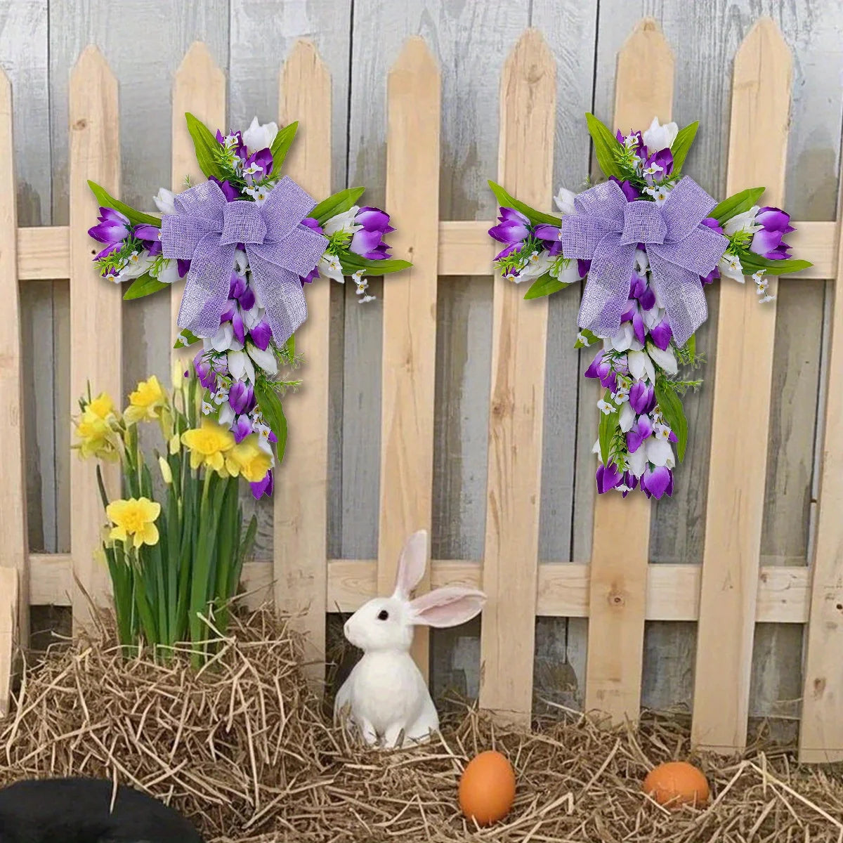Tulip Crosses Wreath for Front Door Artificial Spring Easter Religious Crosses Wreath Sign Christian Easter Crosses