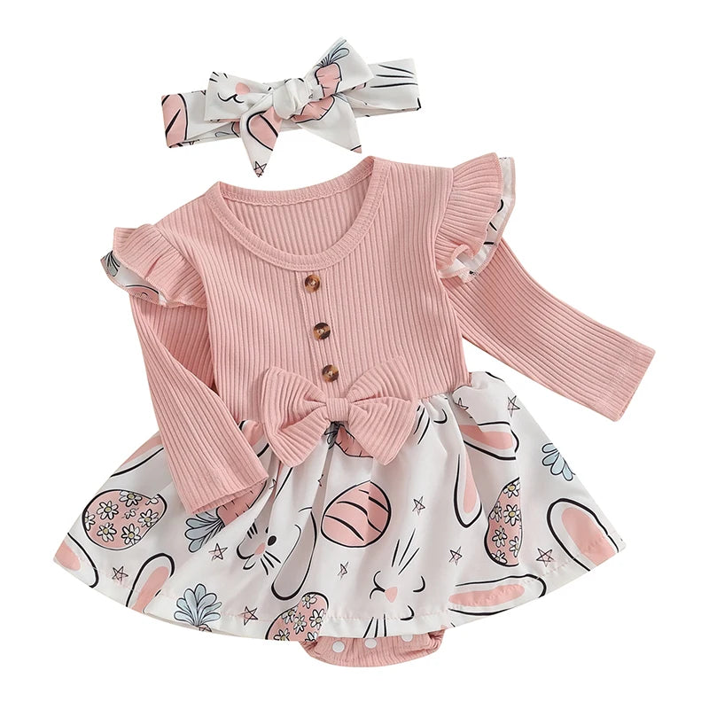 Toddler Easter Dress Short Sleeve Floral Print A-line Romper with Bunny Ear Headband Set for Baby Girls Spring Outfit