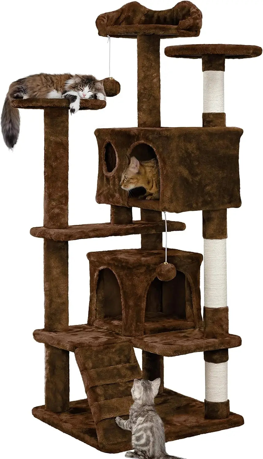 54in Cat Tree, Multi-Level Cat Tower With Spacious Kitten-ear Perch, 2 Cozy Caves, Scratching Posts, Climbing Ladder, 2 Plush Ba