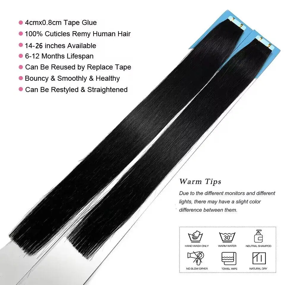 Straight Tape in Human Hair Extensions Natural Hair Extension Color #1B 14-26 Inches Brasil Remy Human Hair For Black Woman