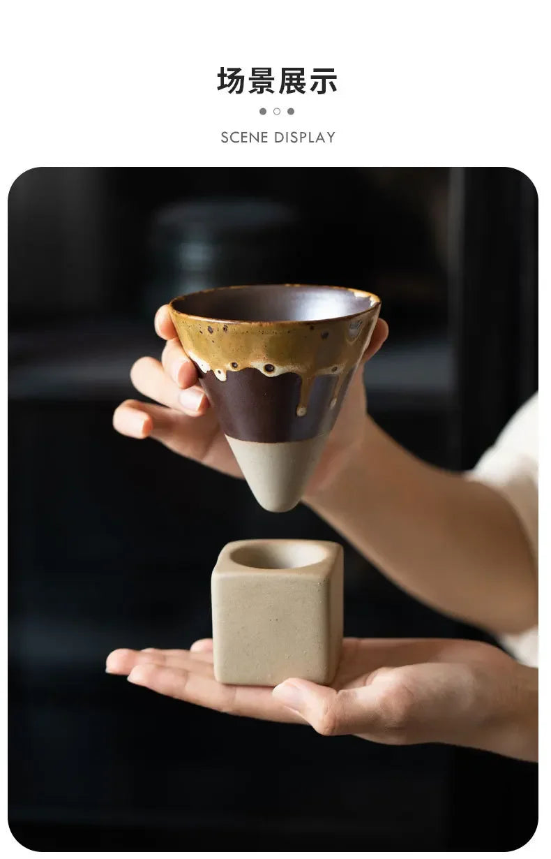 Coarse Pottery Creative Coffee Cup with Base Japanese Retro Conical Ceramic Cups Minimalist Latte Mug  Stoneware Master Teacup