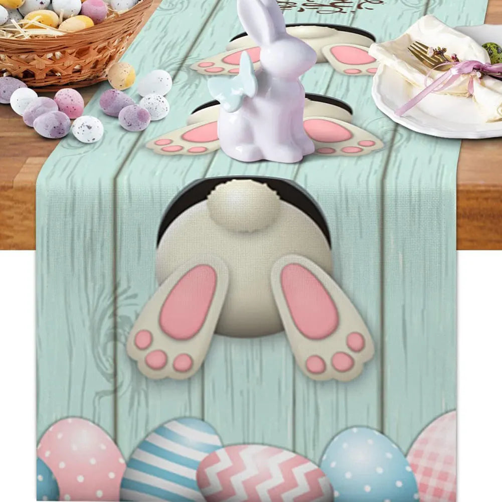 Easter Bunny Linen Table Runner Easter Rabbit Table Runner Bunny Dining Table Cloth Placemat for Kitchen Dining Table Decor