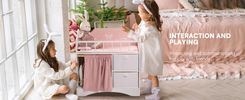 Robotime Baby Doll Crib Wooden Toy Baby Crib with Storage Bedding Wooden Hooks Doll Crib Fits Dolls up to 21" for Girls 3+ Pink