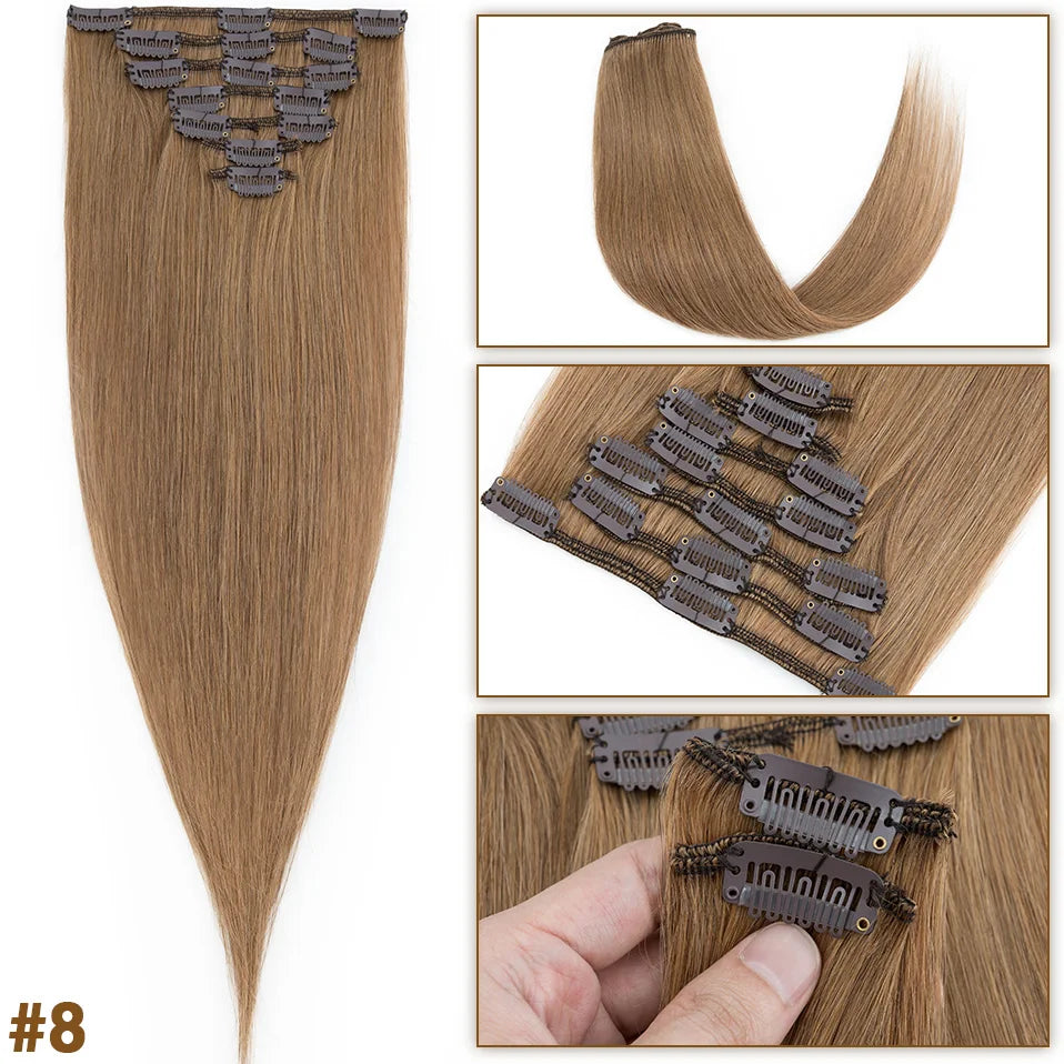 S-noilite 65g Clip In Hair Extensions Human Hair Natural Extension Hair Clips 7Pcs/Set 15"-22" Full Head Clip In Natural Hair