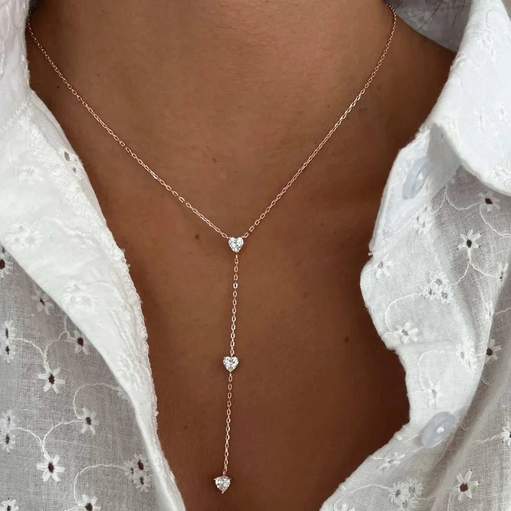 Stonefans Simple Metal Chain Heart Necklace Crystal Jewelry for Women Fashion Y Shape Neckalce Thin Chain Choker Accessories