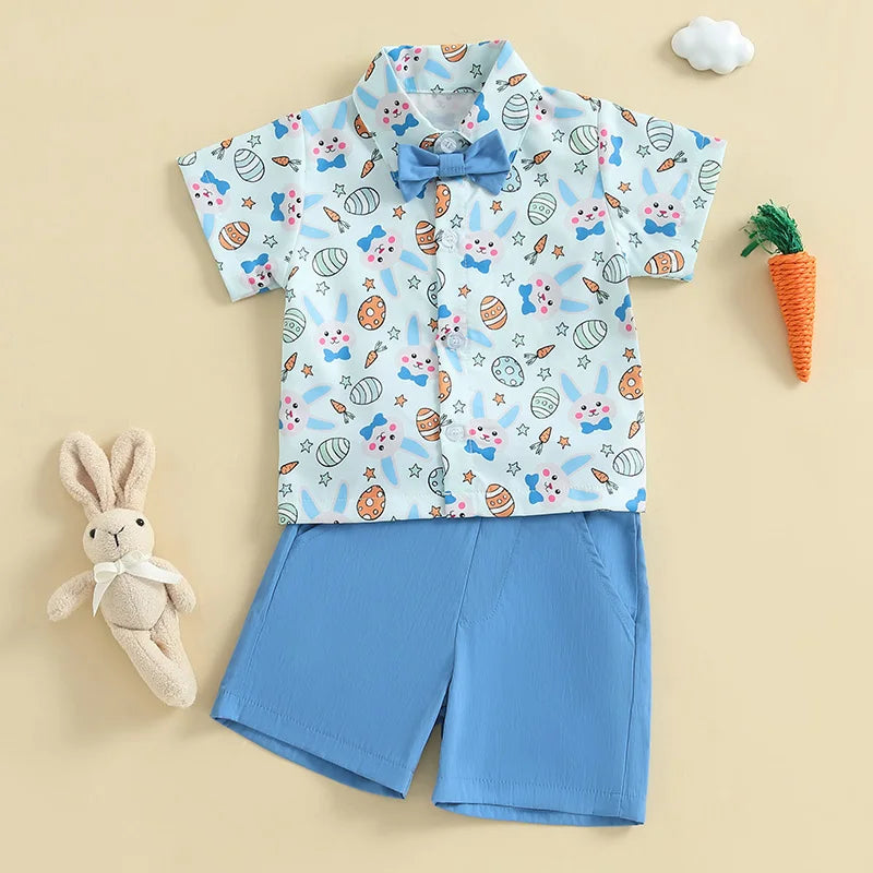 Toddler Boy Easter Outfit Bunny Egg Short Sleeve Button-up Shirt with Bowtie Solid Shorts 2 Piece Set for Spring Festivities