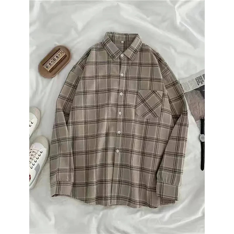 MEXZT Vintage Oversized Plaid Shirts Women Streetwear Long Sleeve Blouses Harajuku Korean Pocket Loose Casual All Match Tops New