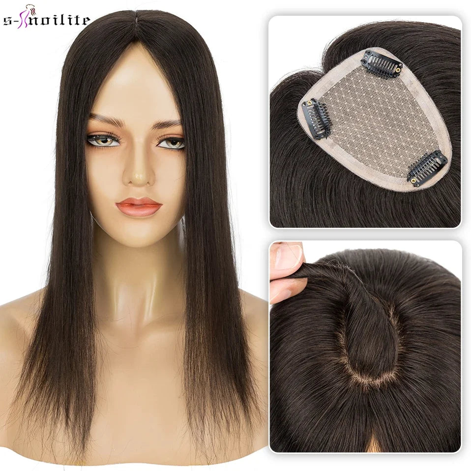 S-noilite 9x12cm Natural Hair Clip-In Hair Extension Toppers Human Hand Hook Hairpiece 10' 16' Reverse Hair Clip Wigs