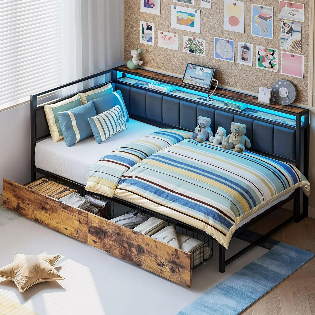 LIKIMIO Corner Bed Frame Twin/Full Daybed with Storage Drawers, Metal Platform Bed Frame with LED Light, Charging Station, Black