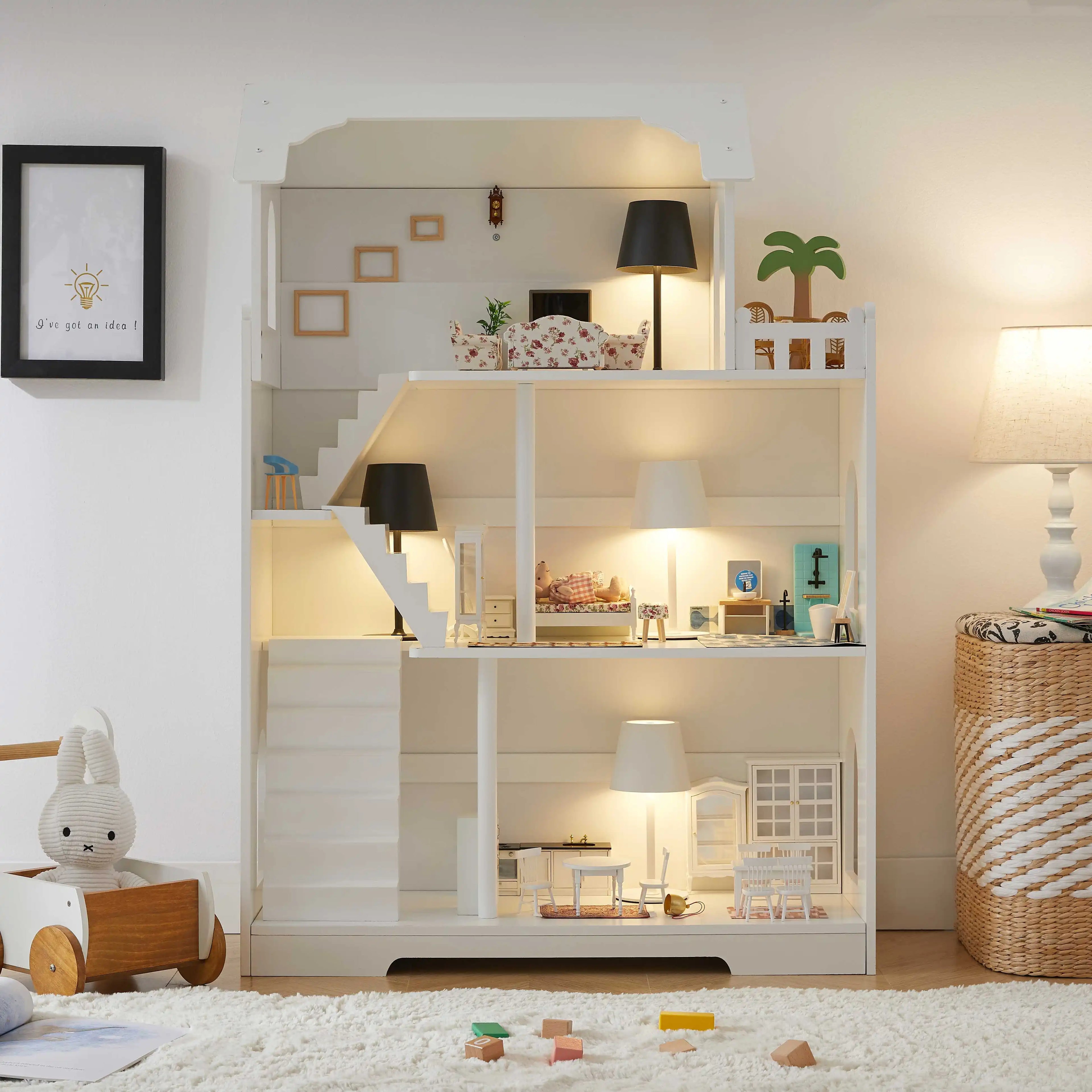 Wooden Dollhouse Bookshelf 3-Tier Doll House Bookcase Kids Books Toys Dolls Storage Organizer Shelves for Children's Bedroom