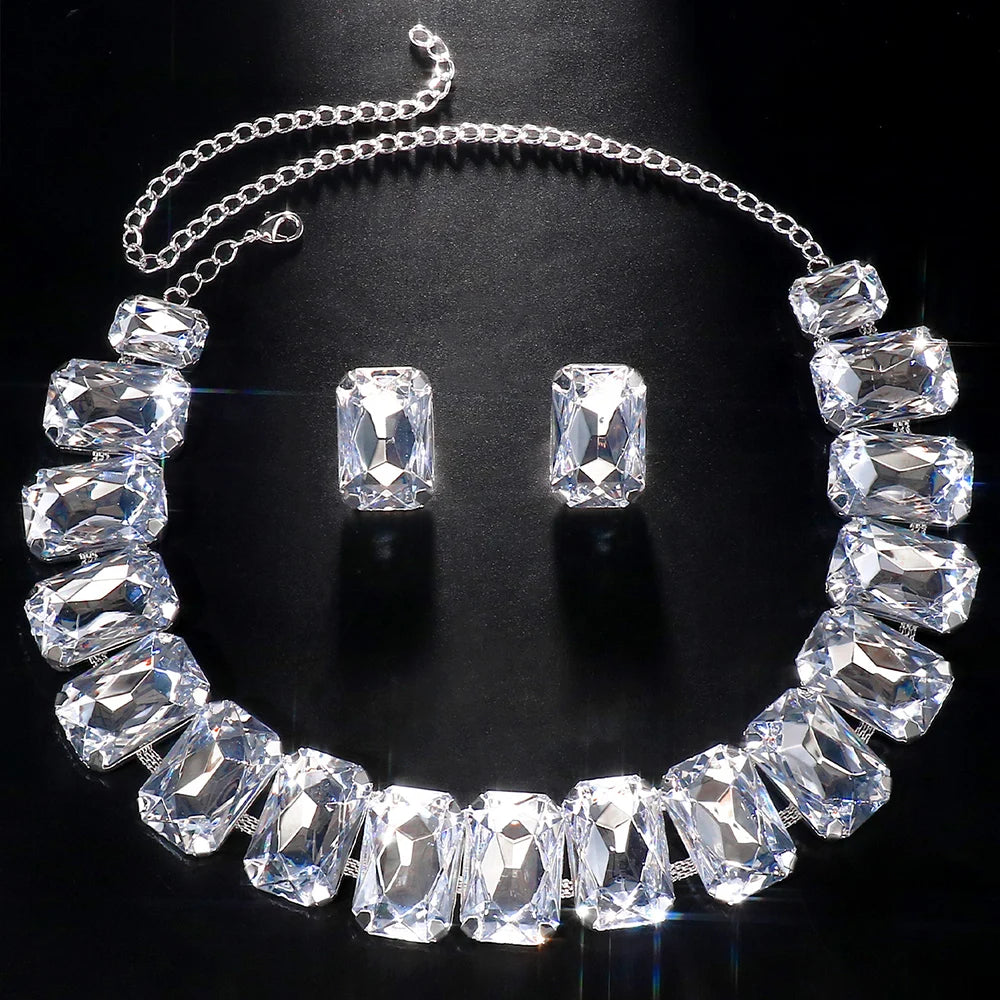 Stonefans Geometric Crystal Necklace Earrings Set Vintage Party Accessories Bridesmaid Wedding Jewelry for Bride Decoration Luxu