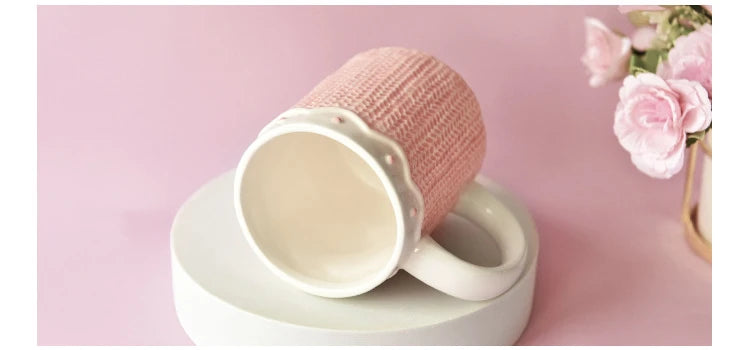 480ml Large Ceramic Coffee Mug Kawaii Bowknot Tea Cup Pink Wool Knitting Mug Dishwasher and Microwave Safe