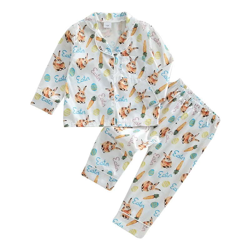 Children s Easter Pajama Set Adorable Bunny and Carrot Print Pajamas with Long Sleeve Top and Matching Pants for Boys