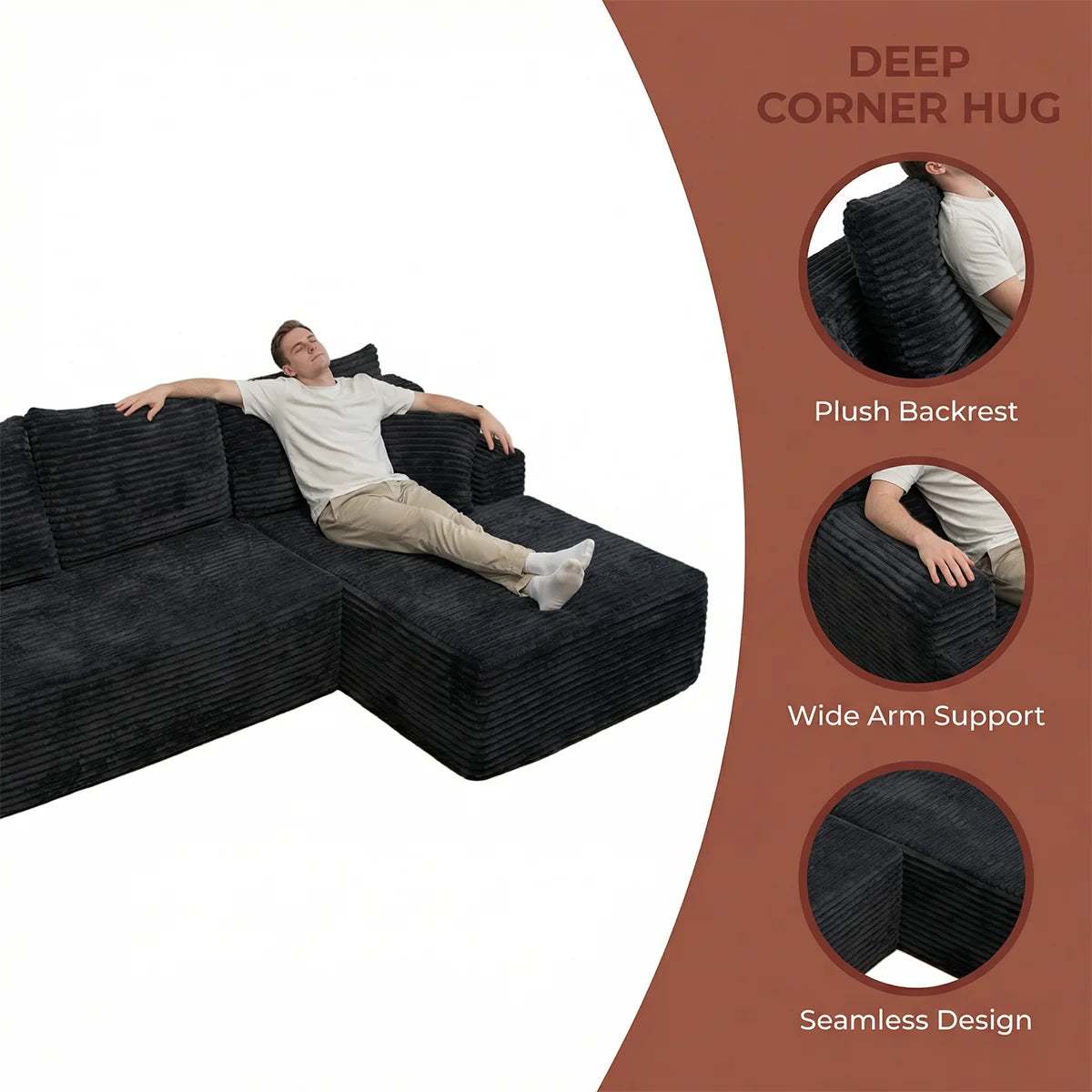 95" L-Shaped Sofa Chaise, No Assembly Required, Rabbit Fleece Upholstery, Ultra Soft & Comfortable, Ready to Use Out of the Box