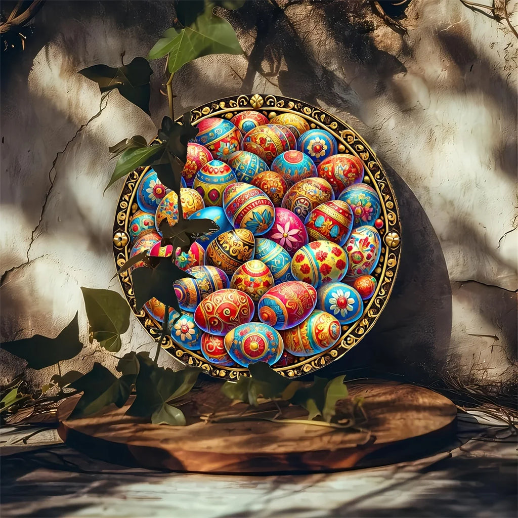 Easter Egg Aluminum Foil Engraved Art Plate, Round Resin Wreath Decor, Metal Embossed Ornament for Home & Dorm - Pack of 1