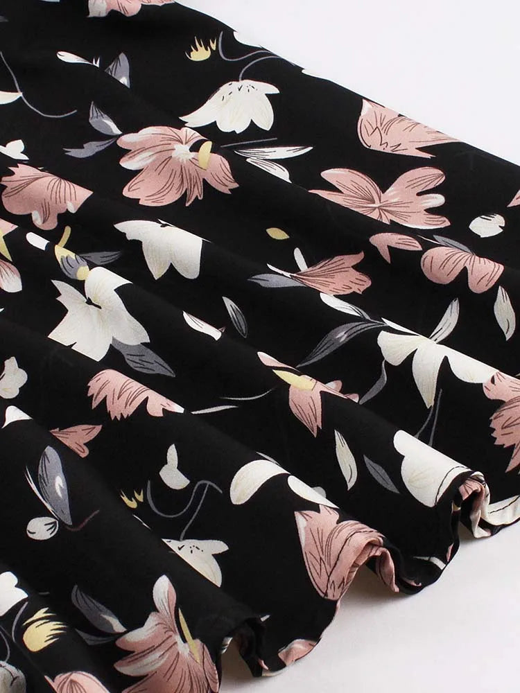 Retro Vintage Women's Summer Dress V-Neck Sleeveless High Waist Chic Floral Print with Belt 50s Style