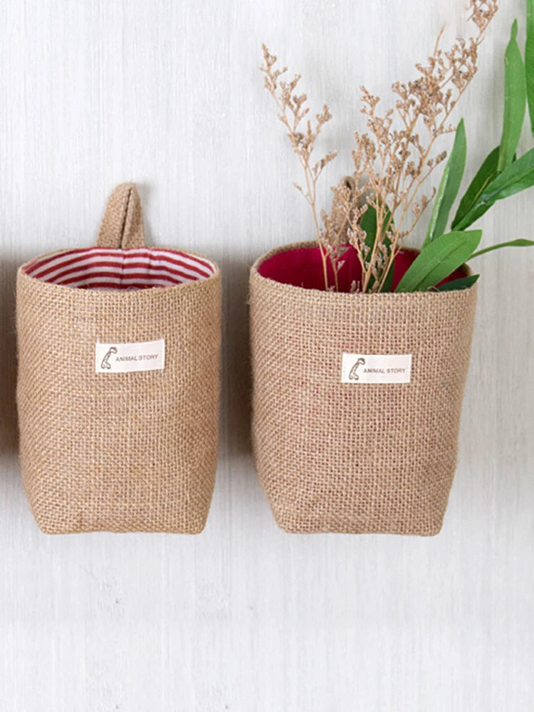 Nordic Style Small Hanging Wall Pocket Storage Basket Sack Sundries Organizer Cosmetic Organizer Cotton Linen Toy Storage Bag